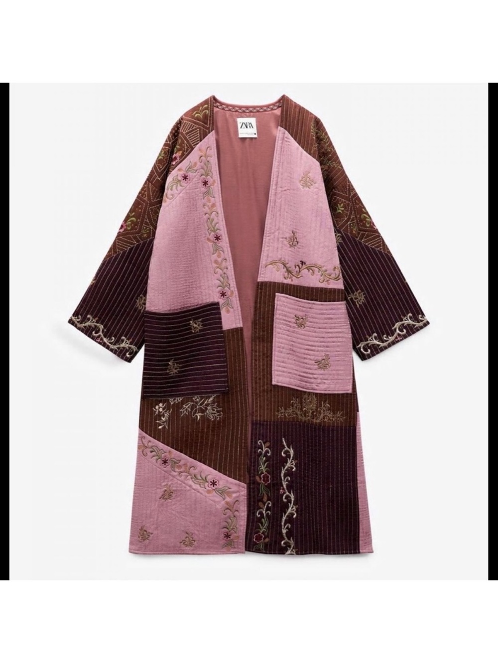 ZARA Pink & Brown Embroidered Patchwork Long Robe